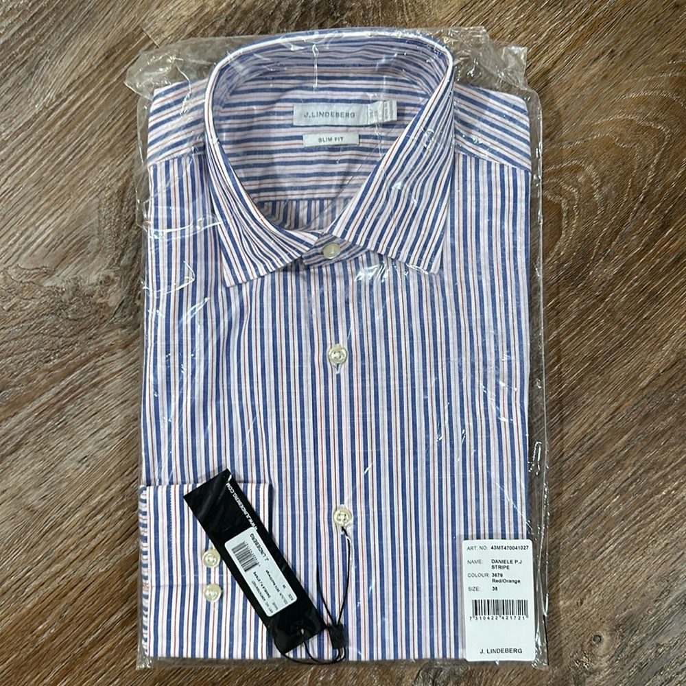 J.Lindeberg Daniele Stripe Red Blue White Slim Fit Dress Shirt Men 38 / 15 NWT